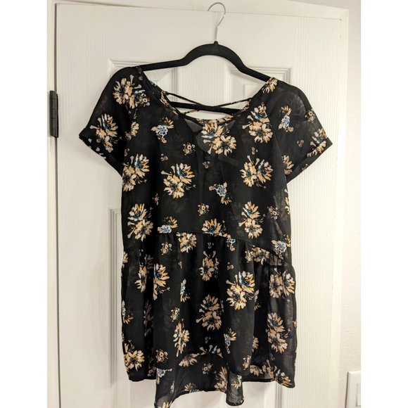 Xhilaration Floral Tie-Back Peplum Blouse -- Black, medium - Picture 1 of 3